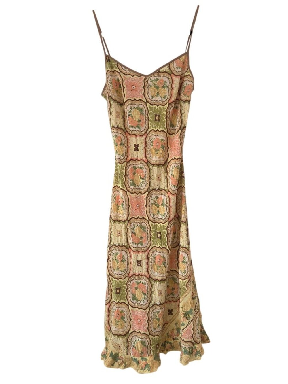 Plenty 100% Silk Floral Slip Dress 90s Y2K Yellow Pink Vintage Print Women's 4